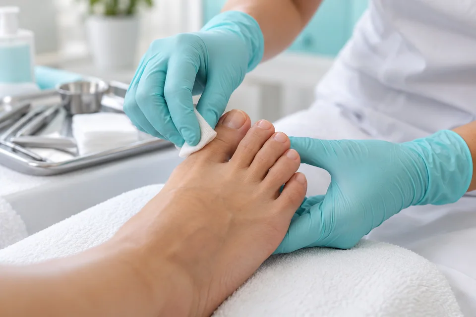 Foto ilustrativa da higienização das unhas dos pés durante atendimento podológico.